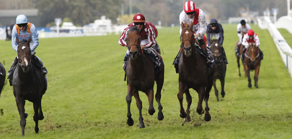 18.10.2014 - Ascot; Charm Spirit, ridden by Olivier Peslier (maroon silks) wins the Queen Elizabeth II Stakes Sponsored by Qipco (British Champions Mile) (Group 1). Second place: Night Of Thunder, ridden by Richard Hughes (red-white silks). Third place: Toormore, ridden by Kieren Fallon (light-blue silks). Credit: Lajos-Eric Balogh/turfstock.com