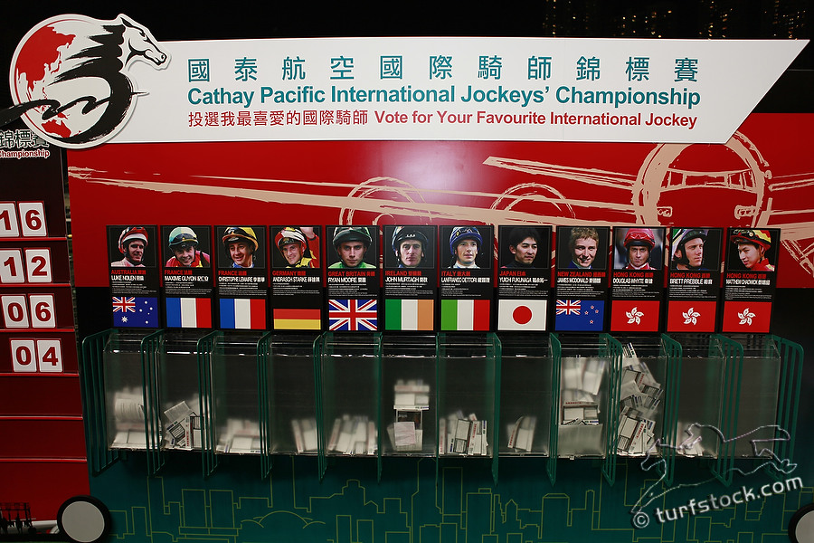 07. Dec. 2011 - Happy Valley Racecourse; Impressions: Display whit the participants jockeys for the Cathay Pacific International Jockeys Championship. Credit: Lajos-Eric Balogh/turfstock.com