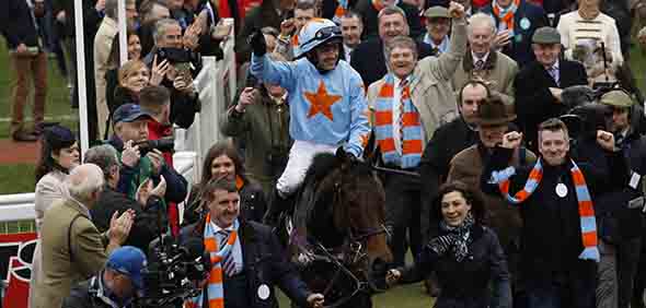 16.03.2017 - Cheltenham; Winners presentation with Ruby Walsh after winning the Ryanair Chase (Registered As The Festival Trophy Steeple Chase) Grade 1 with Un De Sceaux at Cheltenham-Racecourse/Great Britain. Credit: Lajos-Eric Balogh/turfstock.com