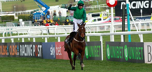 13.03.2018 - Cheltenham; Footpad ridden by a jubilant Ruby Walsh wins the Racing Post Arkle Challenge Trophy Chase Grade 1 at Cheltenham-Racecourse/Great Britain. Credit: Lajos-Eric Balogh/turfstock.com