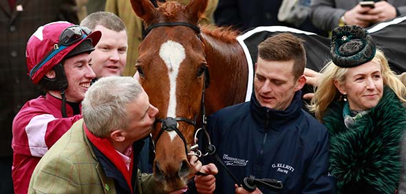 14.03.2018 - Cheltenham; Winners presentation with (from left) jockey Jack Kennedy, Michael O'Leary (CEO of the Irish airline Ryanair and racehorse owner) and Anita Farrell (4,f.l.,) after winning the Ballymore Novices Hurdle (Grade 1) (Registered As The Baring Bingham) with Samcro at Cheltenham-Racecourse/Great Britain. Credit: Lajos-Eric Balogh/turfstock.com